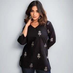 Kashis CreationsFloral Print Rayon Kurta for Women | Regular Fit Top | Stylish Top for Girls | Top for Office | Kurti for Women | Black | 1083